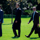 Left to the right: Director of Oval Office Operations Nicholas Luna, Deputy Chief of Staff for Communications Dan Scavino, senior adviser Jared Kushner, senior adviser Stephen Miller, and counselor to the president Hope Hicks.